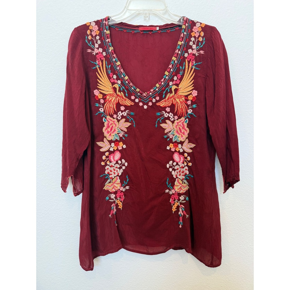Johnny Was Burgundy Red Embroidered Phoenix Floral Tunic‎ Top NMC85767 Womens S